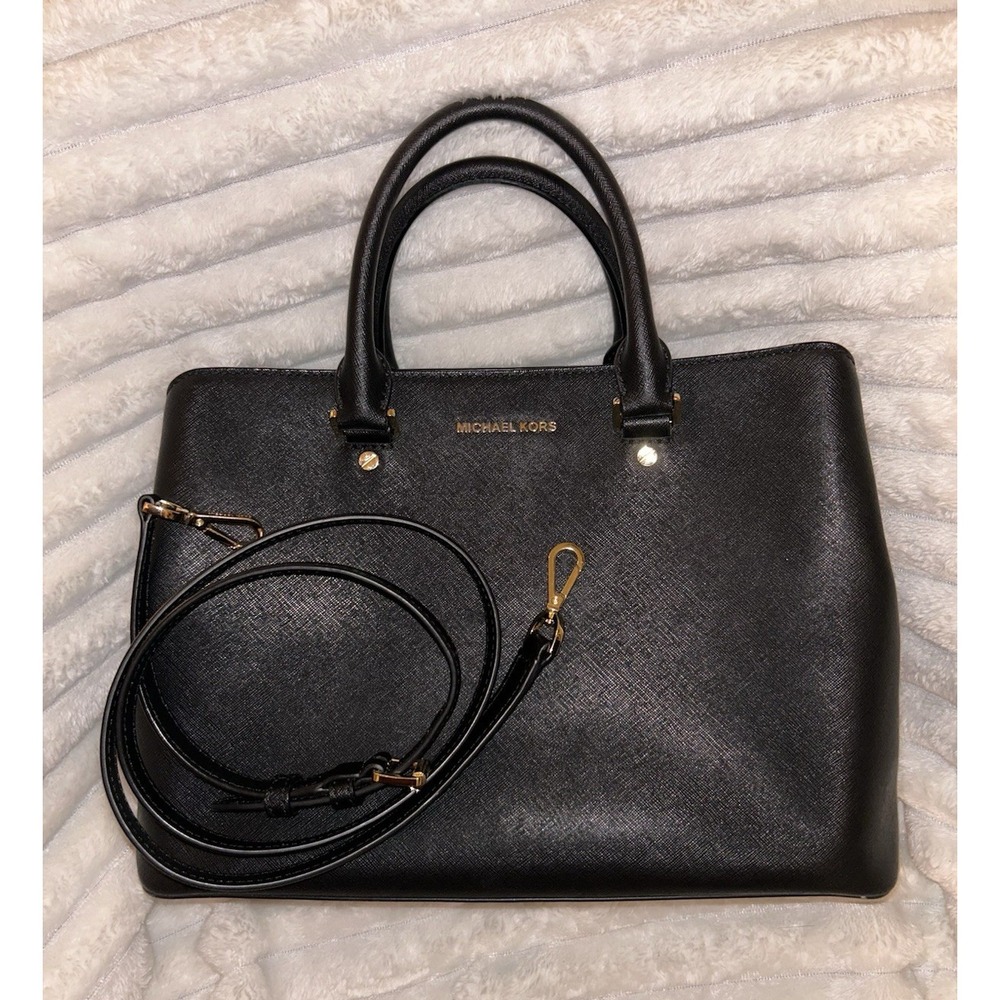 Michael Kors Savannah Large Satchel Black Saffiano Leather Gold Crossbody Bag